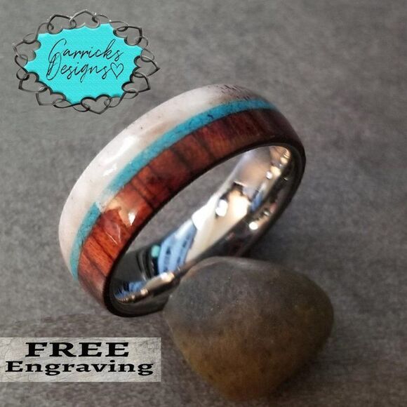 Personalized Engraved Men's Wood Turquoise and Antler Tungsten Wedding Ring band - Picture 7 of 7